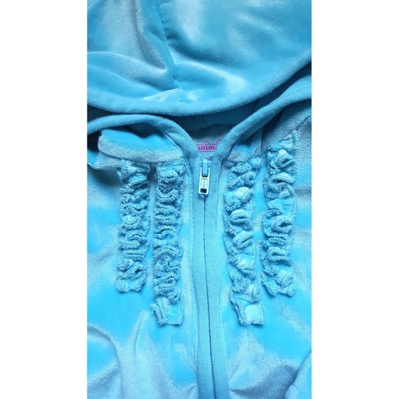 Girl's Size 6-9 M Months 3 Piece Blue Velour Hooded Jacket, Owl Top & Dot Pants - Picture 4 of 9